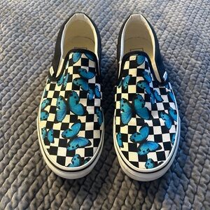 Vans Women’s Slip-On Checkerboard Blue Butterfly Shoes